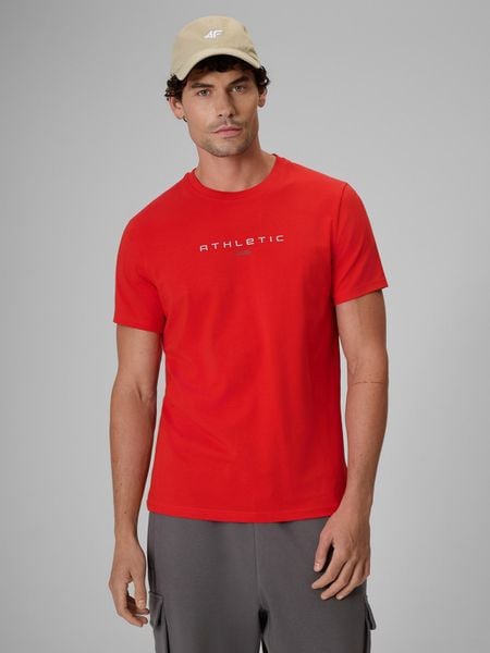 4F T-shirt slim z nadrukiem męski - czerwony S. Czerwone t-shirty 4F, m, bez wzorów, z bawełny, bez kołnierzyka, bez ramiączek. Za 69.99 zł.