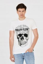 PHILIPP PLEIN T-shirt biały z popękaną czaszką. Białe t-shirty Philipp Plein, m, bez wzorów, bez kołnierzyka, bez ramiączek. W wyprzedaży za 799.99 zł.