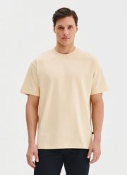 PAKO LORENTE – Beżowy t-shirt oversize. Brązowe t-shirty Pako Lorente, xl, bez wzorów, z bawełny, bez kołnierzyka, bez ramiączek. Za 49.99 zł.