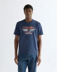 BLUZKI MĘSKIE WRANGLER AMERICANA TEE BLACK IRIS 112387008. Czarne t-shirty Wrangler, l, bez wzorów, bez kołnierzyka, bez ramiączek. Za 79.99 zł.