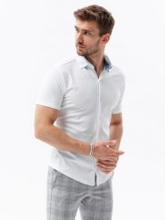 Koszula męska dzianinowa z krótkim rękawem - biała V1 - Rozmiar: XXL. Białe koszule Ombre Clothing, m, bez wzorów, z dzianiny, bez kołnierzyka, bez ramiączek. W wyprzedaży za 49.99 zł.