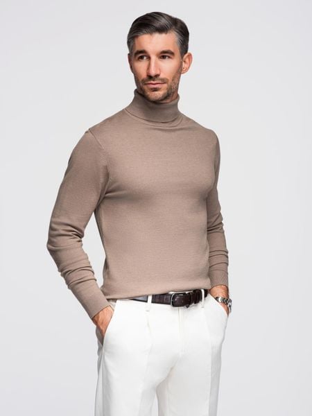 Męski dzianinowy golf z wiskozą – ciemnobeżowy melanż V3 - Rozmiar: L. Brązowe golfy Ombre Clothing, l, bez wzorów, z dzianiny, bez ramiączek. W wyprzedaży za 69.99 zł.