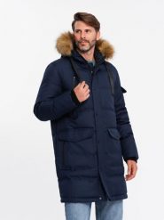 Długa ciepła kurtka męska z kapturem typu parka – granatowa V1 OM-JALJ-0182 - XXL. Niebieskie kurtki Ombre Clothing, l, z aplikacjami, z materiału, z kapturem. W wyprzedaży za 239.99 zł.