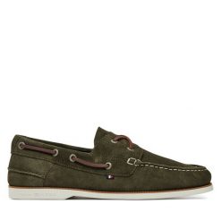 Półbuty Tommy Hilfiger. Zielone eleganckie półbuty Tommy Hilfiger, bez wzorów, bez obcasa, bez zapięcia. Za 369.99 zł.