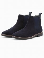 Buty męskie skórzane sztyblety - granatowe V3 - Rozmiar: 46. Niebieskie sztyblety Ombre Clothing, bez wzorów, z gumy, bez obcasa, bez zapięcia. W wyprzedaży za 99.99 zł.