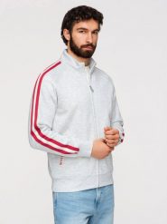 Męska bluza dresowa z wysokim kołnierzem i lampasami – szary melanż V1 - Rozmiar: XXL. Szare bluzy Ombre Clothing, m, z aplikacjami, z bawełny, bez kaptura. Za 209.99 zł.