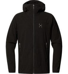 Kurtka przeciwdeszczowa męska Rosson Softshell Hood. Czarne kurtki Haglöfs, m, bez wzorów, z softshellu, z kapturem. Za 689.05 zł.