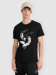 4F T-shirt regular z nadrukiem męski - czarny L. Czarne t-shirty 4F, l, bez wzorów, bez kołnierzyka, bez ramiączek. Za 69.99 zł.