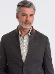 Melanżowa marynarka męska z dodatkiem rayonu ze stójką – czarny melanż V5 OM-BLZB-0131 - XXL. Czarne garnitury Ombre Clothing, na co dzień, l, bez wzorów, z materiału, casualowe. Za 257.99 zł.