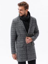Jednorzędowy płaszcz męski w kratę - czarny V2 C499 - XXL. Czarne płaszcze Ombre Clothing, m, bez wzorów, z poliesteru, bez kaptura. W wyprzedaży za 199.99 zł.