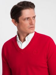 Sweter męski z dekoltem "w serek" z koszulowym kołnierzykiem - czerwony V4 OM-SWSW-0102 - XXL. Czerwone swetry nierozpinane Ombre Clothing, l, bez wzorów, z bawełny, bez kołnierzyka, bez ramiączek. W wyprzedaży za 69.99 zł.