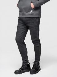 Spodnie męskie jeansowe joggery ze ściagaczem w pasie - czarne V4 - Rozmiar: M. Czarne joggery i bojówki Ombre Clothing, na co dzień, m, z aplikacjami, z bawełny, retro. Za 239.99 zł.