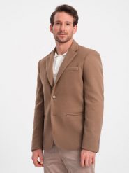 Marynarka męska casual z ozdobnymi guzikami na mankietach - jasnybrąz V2 OM-BLZB-0118 - XXL. Brązowe garnitury Ombre Clothing, na co dzień, l, bez wzorów, casualowe. W wyprzedaży za 149.99 zł.