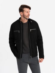 Kurtka męska typu biker ze stójką i kieszeniami – czarna V2 - Rozmiar: XXL. Czarne kurtki Ombre Clothing, m, bez wzorów, z materiału, bez kaptura. Za 309.99 zł.
