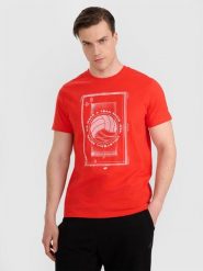 4F T-shirt regular z nadrukiem siatkarskim męski - czerwony M. Czerwone t-shirty sportowe 4F, bez wzorów, z bawełny, bez ramiączek, do siatkówki. W wyprzedaży za 39.99 zł.