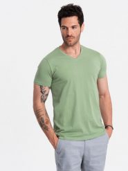 Bawełniana klasyczna męska koszulka z dekoltem w serek BASIC – zielona V11 OM-TSBS-0145 - XL. Zielone t-shirty Ombre Clothing, l, bez wzorów, z bawełny, bez kołnierzyka, bez ramiączek. W wyprzedaży za 24.99 zł.