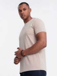 Klasyczny T-shirt męski bawełniany BASIC - piaskowy V11 OM-TSBS-0146 - XL. T-shirty Ombre Clothing, m, bez wzorów, z bawełny, bez kołnierzyka, bez ramiączek. W wyprzedaży za 24.99 zł.