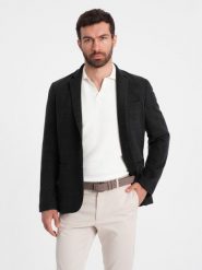 Żakardowa marynarka męska w delikatną kratę - czarna V2. Czarne garnitury Ombre Clothing, m, bez wzorów, z materiału. W wyprzedaży za 149.99 zł.