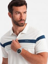 Dopasowana koszulka męska polo z dwukolorowymi pasami – biała V4 - Rozmiar: XL. Białe koszulki polo sportowe Ombre Clothing, l, z aplikacjami, z bawełny, bez kołnierzyka, bez ramiączek. W wyprzedaży za 39.99 zł.