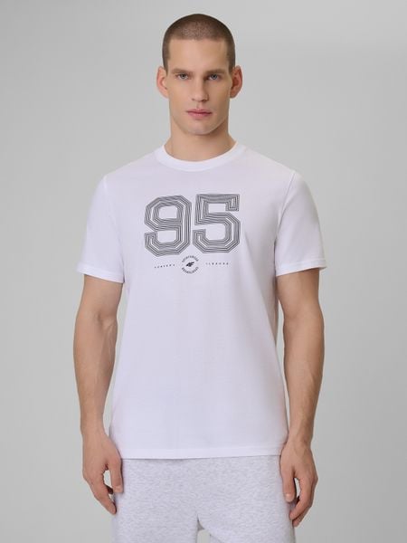 4F T-shirt regular z nadrukiem męski - biały M. Białe t-shirty 4F, m, bez wzorów, z bawełny, bez kołnierzyka, bez ramiączek. Za 69.99 zł.