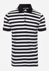 Czarna Koszulka Polo z Bawełny w Poziome Paski Germus. Czarne koszulki polo Born2be, l, bez wzorów, z bawełny, bez kołnierzyka, bez ramiączek. Za 79.99 zł.