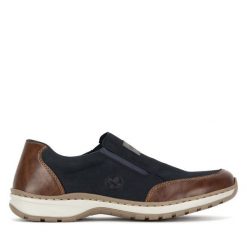 Półbuty Rieker. Niebieskie eleganckie półbuty Rieker, bez wzorów, bez obcasa, bez zapięcia. Za 239.99 zł.