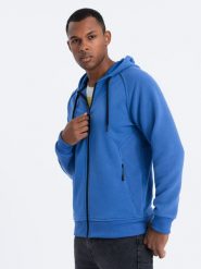 Bluza męska rozpinana z kapturem - niebieska V8 OM-SSZP-0124 - XXL. Niebieskie bluzy z kapturem Ombre Clothing, m, bez wzorów, z bawełny, z kapturem. W wyprzedaży za 59.99 zł.