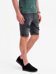 Męskie krótkie spodenki jeansowe z przetarciami i podwiniętą nogawką – szare V3 OM-SRDS-0186 - XXL. Szare szorty Ombre Clothing, l, z aplikacjami, z bawełny. W wyprzedaży za 119.99 zł.