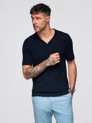 Koszulka męska polo bez guzików z klasycznym splotem – granatowa V1 - Rozmiar: XXL. Niebieskie koszulki polo sportowe Ombre Clothing, m, bez wzorów, z dzianiny, bez kołnierzyka, bez ramiączek. W wyprzedaży za 149.99 zł.