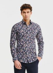 PAKO LORENTE – Granatowa koszula męska w kwiaty. Koszule Pako Lorente, m, bez wzorów, z bawełny, bez kołnierzyka, bez ramiączek. Za 119.99 zł.