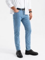 Klasyczne męskie spodnie jeansy SLIM FIT z elastanem – jasnoniebieskie V2 - Rozmiar: XL. Niebieskie sztyblety Ombre Clothing, bez wzorów, z bawełny, bez obcasa, bez zapięcia. Za 209.99 zł.