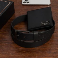 Zestaw prezentowy męski skórzany pasek portfel pudełko premium czarny Beltimore Z19. Czarne portfele bez wzorów. Za 129.99 zł.