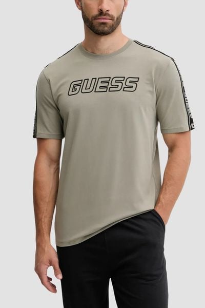 GUESS Zielony męski t-shirt z lampasami na krótki rękaw Arlo, Rozmiar S. Zielone t-shirty Guess, m, z aplikacjami, bez kołnierzyka, bez ramiączek. W wyprzedaży za 99.99 zł.