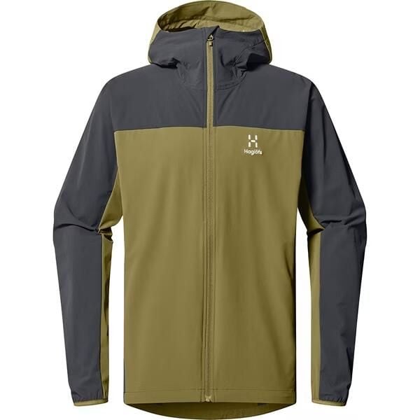 HAGLOFS Kurtka softshell męska MORAN SOFTSHELL HOOD MEN olive green/magnetite-L. Szare kurtki Haglöfs, l, bez wzorów, z elastanu, z kapturem. Za 426.19 zł.