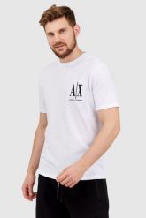 ARMANI EXCHANGE Biały t-shirt męski z wyszywanym logo. Białe t-shirty Armani Exchange, l, bez wzorów, prążkowane, bez kołnierzyka, bez ramiączek. W wyprzedaży za 159.99 zł.