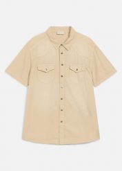Koszula jeansowa z krótkim rękawem z kolorowego denimu, slim fit. Brązowe koszule bonprix, l, bez wzorów, z denimu, bez kołnierzyka, bez ramiączek. Za 59.99 zł.