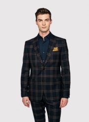 PAKO LORENTE – Granatowa marynarka garniturowa w kratę. Garnitury Pako Lorente, bez wzorów, z wełny. Za 299.99 zł.