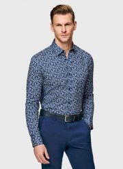 PAKO LORENTE - Granatowa koszula męska w kwiaty. Koszule Pako Lorente, m, bez wzorów, z bawełny, bez kołnierzyka, bez ramiączek. Za 299.99 zł.