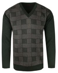 Ciemnooliwkowy Sweter w Szachownice (U-neck) - Kings. Zielone swetry rozpinane Kings, m, bez wzorów, z bawełny, bez kołnierzyka, bez ramiączek. Za 187.00 zł.