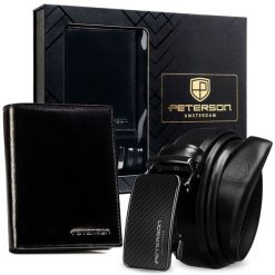 Zestaw prezentowy: portfel męski w czarnym kolorze i pasek ze skóry naturalnej - Peterson. Czarne portfele bez wzorów, ze skóry. Za 119.99 zł.