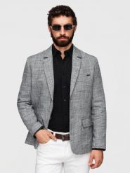 Marynarka męska o kroju REGULAR z lnem - grafitowa V5 - Rozmiar: S. Czarne marynarki Ombre Clothing, do pracy, m, bez wzorów, z jeansu, biznesowe. Za 419.99 zł.