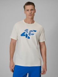 4F T-shirt regular z nadrukiem męski - beżowy L. Brązowe t-shirty 4F, l, bez wzorów, z bawełny, bez kołnierzyka, bez ramiączek. Za 59.99 zł.