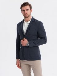 Męska marynarka SLIM z dzianiny o subtelnej strukturze – granatowa V3 - Rozmiar: XL. Niebieskie garnitury Ombre Clothing, do pracy, l, bez wzorów, z dzianiny, biznesowe. W wyprzedaży za 314.99 zł.