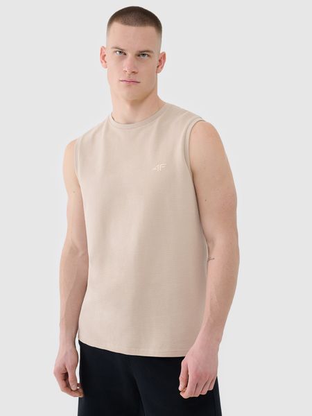 4F Tank top regular gładki męski - beżowy S. Brązowe bezrękawniki 4F, m, bez wzorów, z bawełny, bez kołnierzyka, bez ramiączek. W wyprzedaży za 49.99 zł.