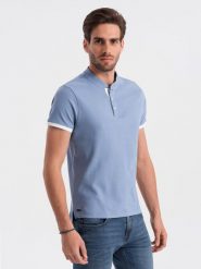 Koszulka męska polo bez kołnierzyka - niebieska V3 OM-TSCT-0156 - XXL. Niebieskie koszulki polo sportowe Ombre Clothing, l, bez wzorów, z bawełny, bez kołnierzyka, bez ramiączek. W wyprzedaży za 39.99 zł.