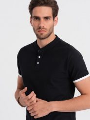 Męska koszulka polo bez kołnierzyka - czarna V8 OM-TSCT-0156 - XXL. Czarne koszulki polo sportowe Ombre Clothing, l, bez wzorów, z bawełny, bez kołnierzyka, bez ramiączek. W wyprzedaży za 39.99 zł.