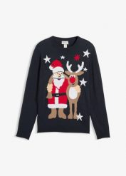 Sweter z bożonarodzeniowym motywem. Niebieskie swetry nierozpinane bonprix, m, bez wzorów, bez kołnierzyka, bez ramiączek. Za 129.99 zł.