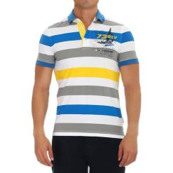 Koszulka polo w kolorze biało-niebiesko-szarym. Koszulki polo marki Galvanni, w paski, polo, z krótkim rękawem. W wyprzedaży za 249.95 zł.