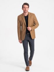 Klasyczna marynarka męska z kieszenią na poszetkę - karmelowa V2 OM-BLZB-0115 - XXL. Garnitury Ombre Clothing, l, bez wzorów, z poliesteru, klasyczne. Za 309.99 zł.