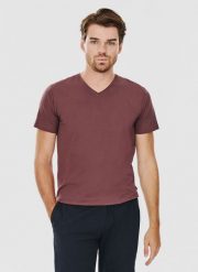 PAKO LORENTE – Bordowy gładki t-shirt v-neck. Czerwone t-shirty Pako Lorente, xl, bez wzorów, z bawełny, bez kołnierzyka, bez ramiączek. Za 39.99 zł.